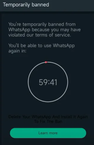 Example of a temporary WhatsApp ban timer on unofficial GB WhatsApp